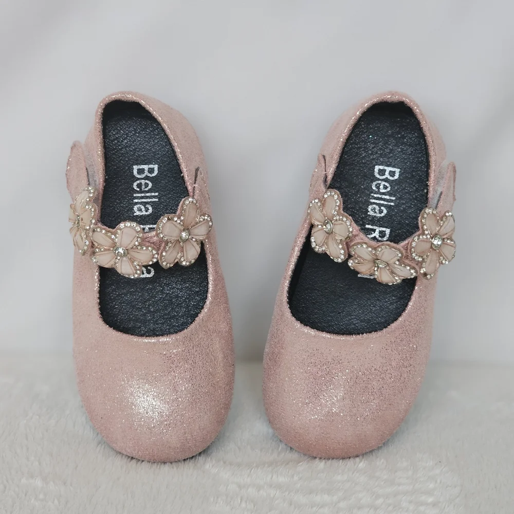 BELLA ROSA | Toddler Little Girls Glitter Pink Flowers Mary Jane Dress Shoes